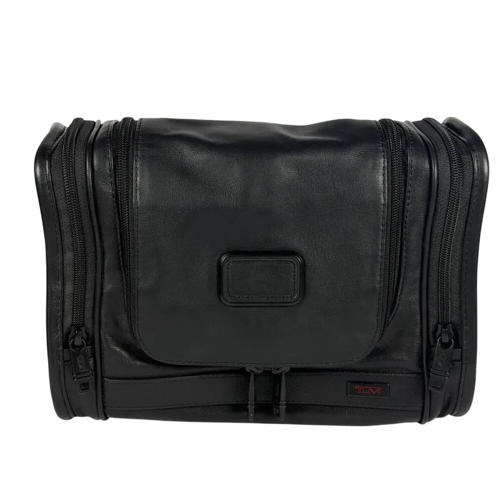 Tumi Alpha Black Leather Hanging Toiletry Bag Travel Kit Dopp Kit Organizer